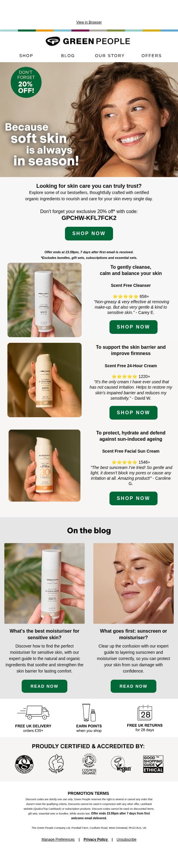 Skin care essentials you can trust email from Green People screenshot