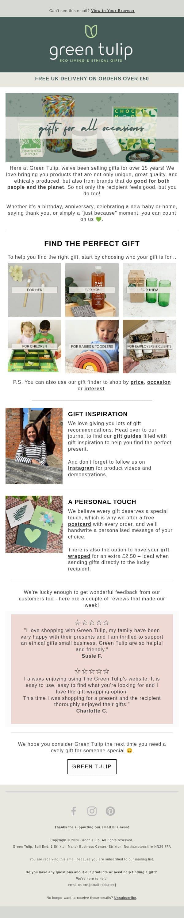 Gifts to brighten every occasion email from Green Tulip screenshot