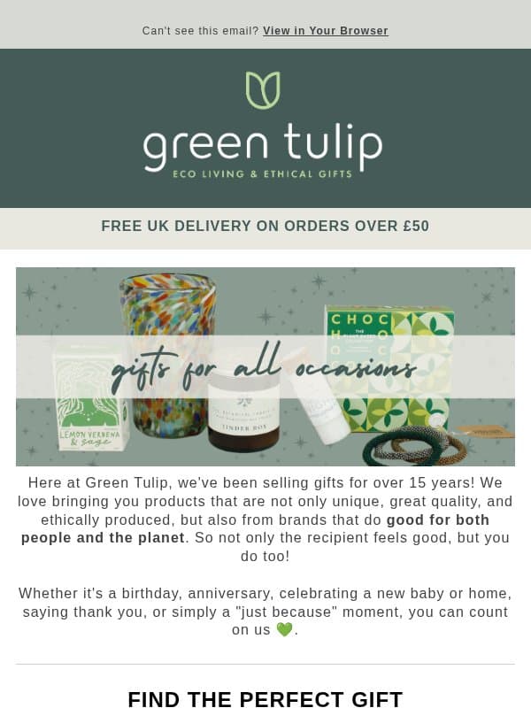 Gifts to brighten every occasion email from Green Tulip