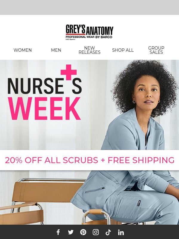 To the heroes in scrubs: Take 20% OFF + Free Shipping! 🩺 email from Grey's Anatomy Scrubs