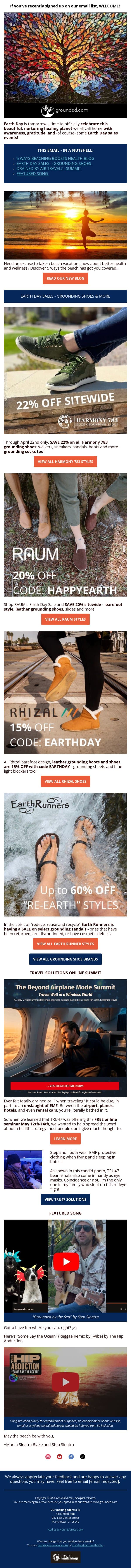 5 Ways the Beach Boosts Health, Earth Day SALES on Grounding Shoes email from Grounded screenshot