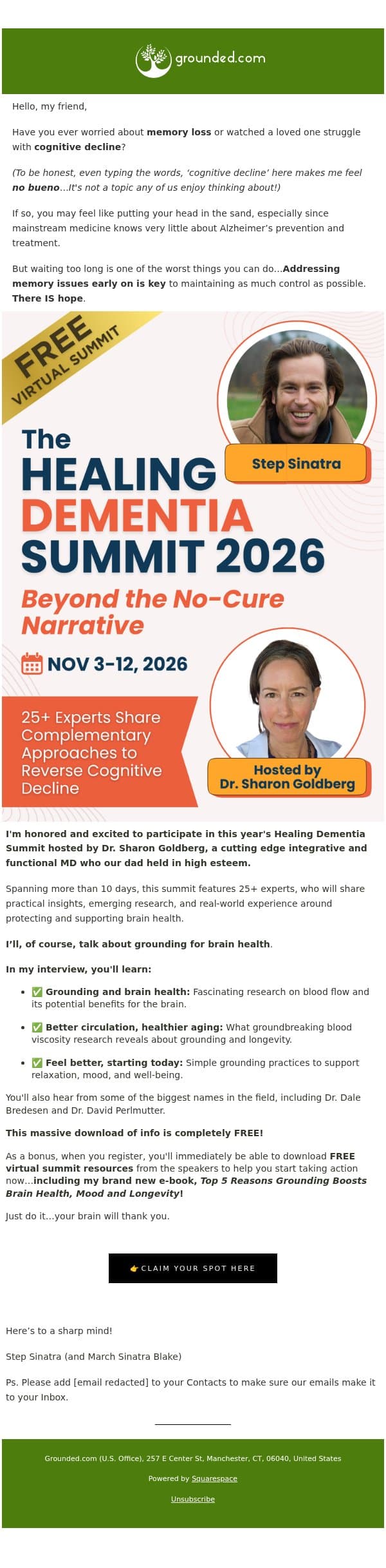 Grounding, brain health and a special invitation email from Grounded screenshot