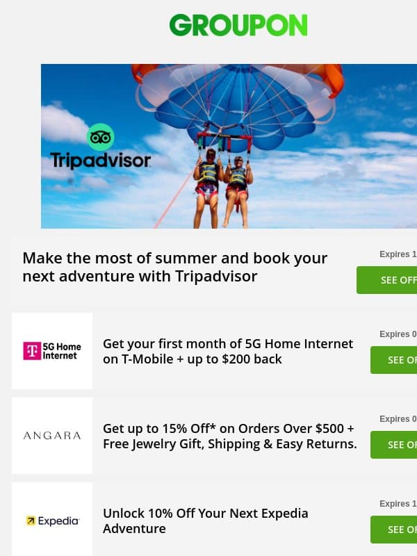 Tripadvisor - summer adventures • Angara - 15% off • Avis - up to 35% off + more! email from Groupon