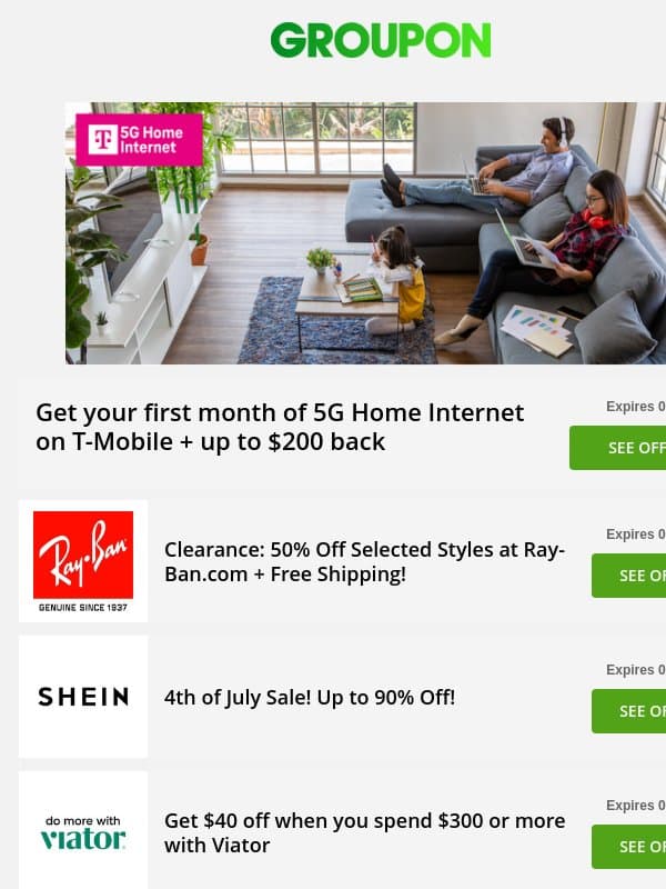 Ray-Ban - 50% off • Coursera - 40% off • SHEIN - 90% off + more! email from Groupon