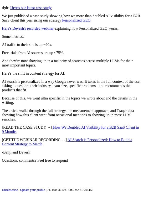 How We Doubled AI Visibility for a B2B SaaS Client in 9 Months email from Grow and Convert screenshot