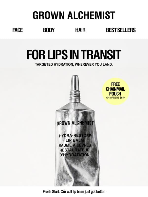 New | Hydra-Restore Lip Balm. email from Grown Alchemist