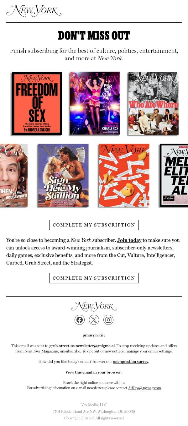 Forgetting Something? email from Grub Street screenshot