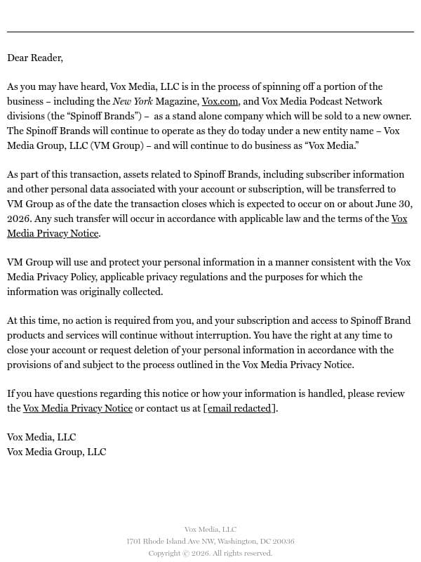 Update on Vox Media’s Transition and Data Policy email from Grub Street