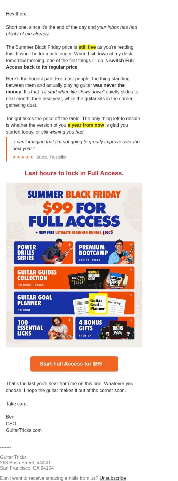 Down to the final hours email from GuitarTricks screenshot