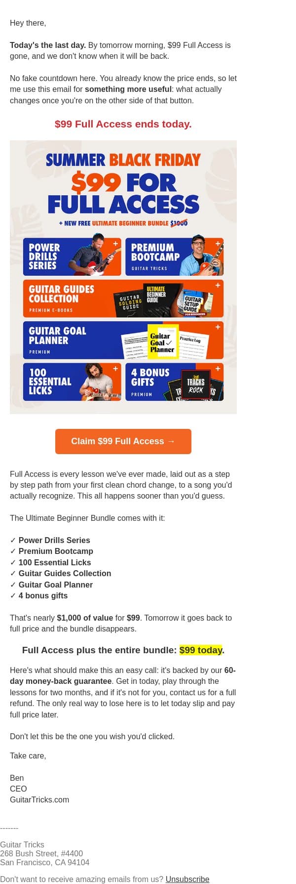 Last call on the Ultimate Beginner Bundle 🎸 email from GuitarTricks screenshot