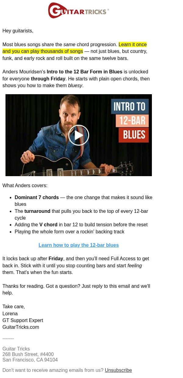 Unlocked Tutorial: The 12-bar blues made simple 🎸 email from GuitarTricks screenshot