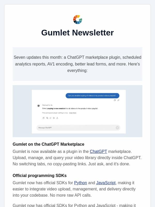 Gumlet is now on the ChatGPT marketplace. Plus AV1 support, scheduled reports, better lead forms, and more. email from Gumlet