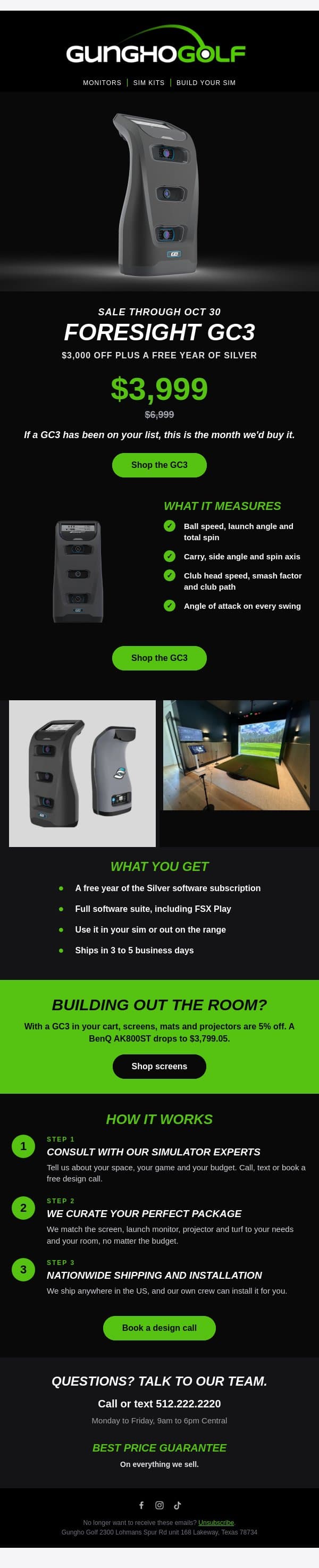Foresight GC3: $3,000 off through Oct 30 email from GungHo Golf screenshot