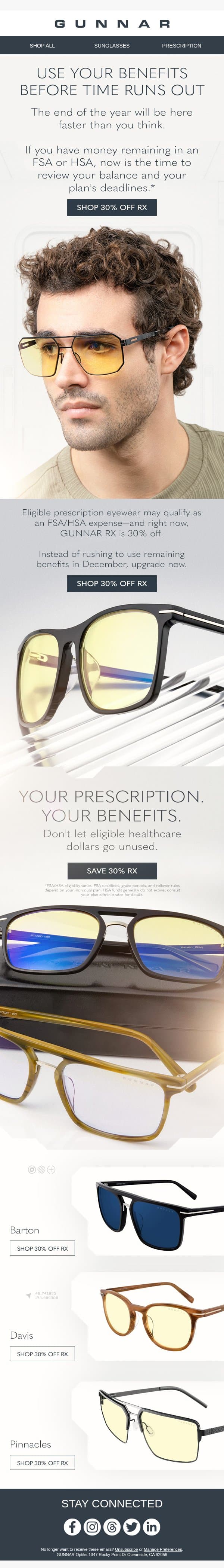 Don't Leave Your FSA/HSA Funds Behind email from Gunnar Optiks screenshot