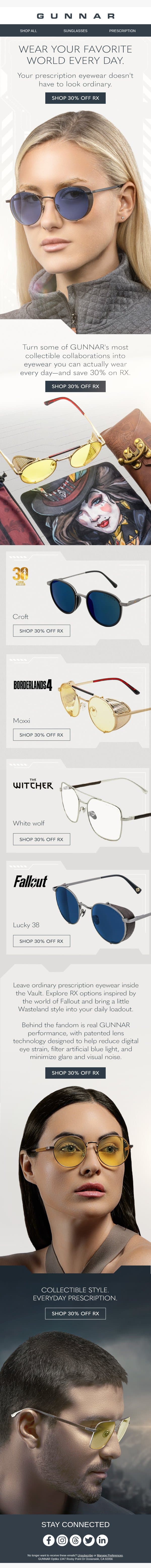 Your Fandom. Now in Your Prescription. email from Gunnar Optiks screenshot