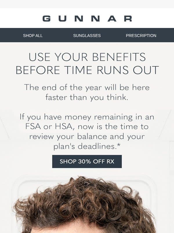 Don't Leave Your FSA/HSA Funds Behind email from Gunnar Optiks