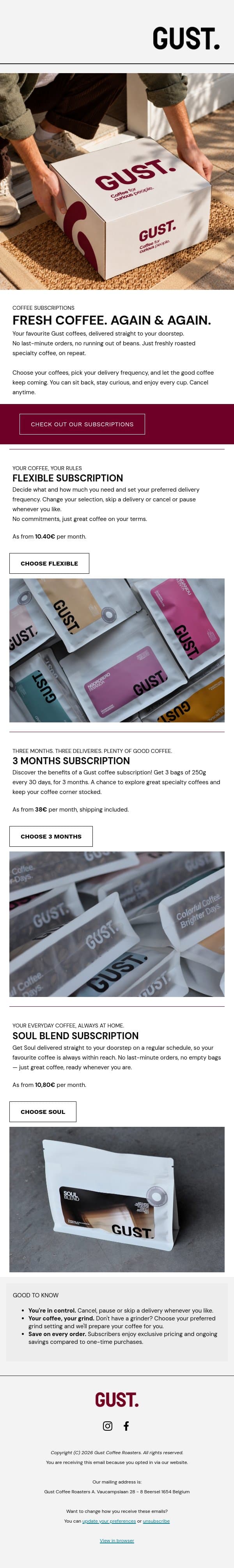 Fresh coffee. Again & Again. email from Gust Coffee Roasters screenshot