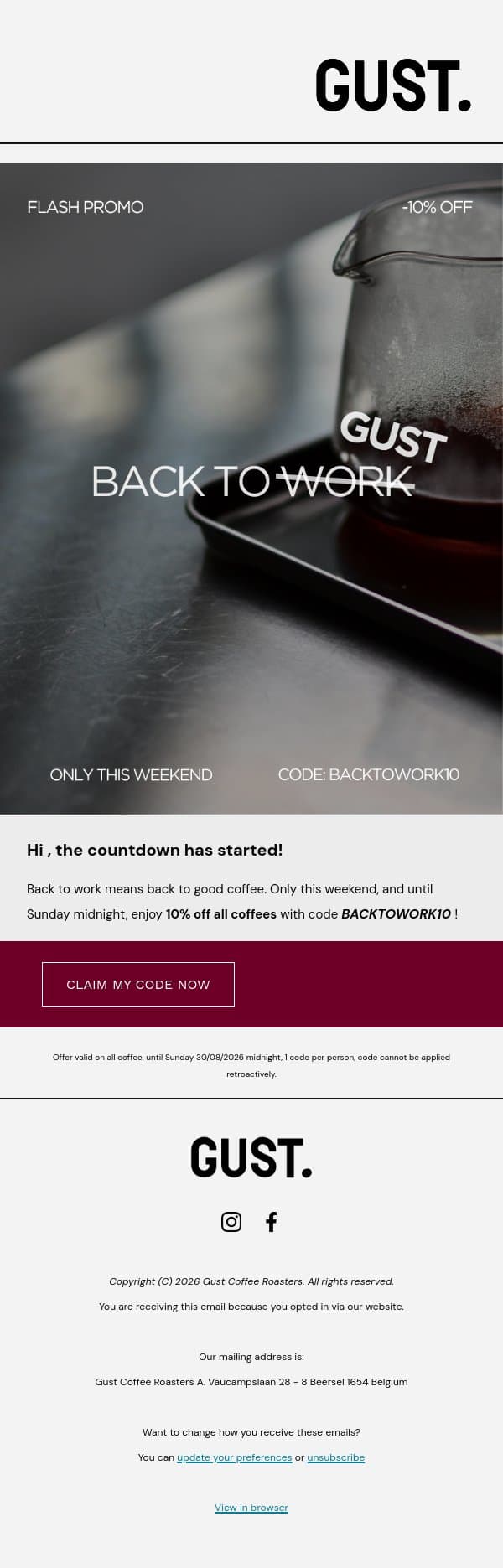 ⏰This weekend only: FLASH PROMO -10% email from Gust Coffee Roasters screenshot