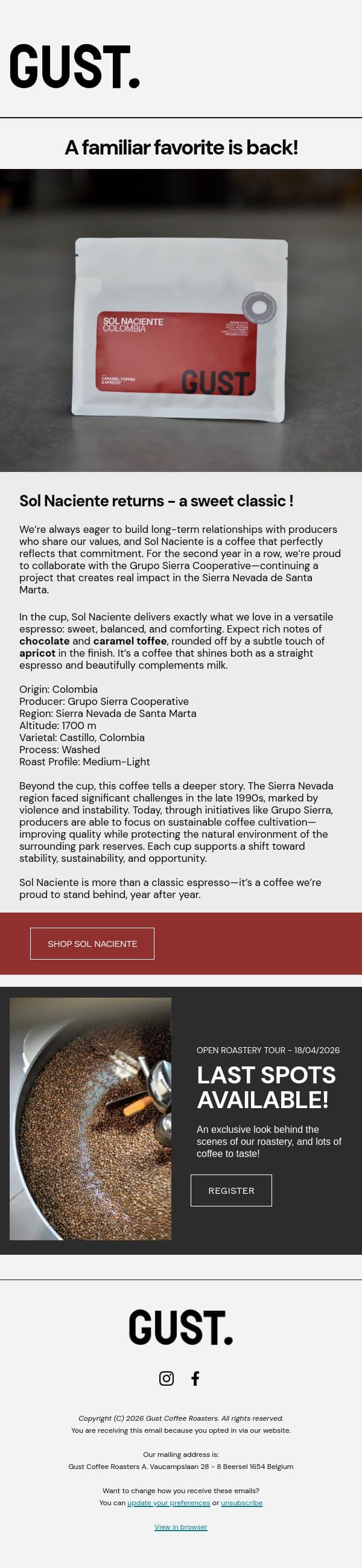 A familiar favorite is back. email from Gust Coffee Roasters screenshot