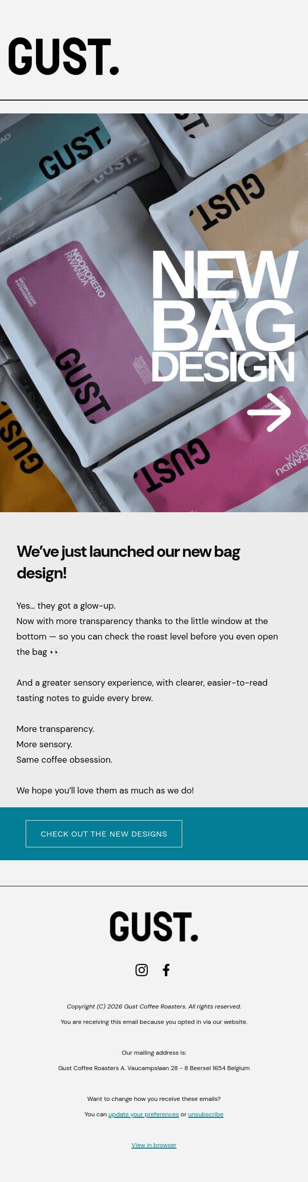 NEW BAG DESIGN! email from Gust Coffee Roasters screenshot