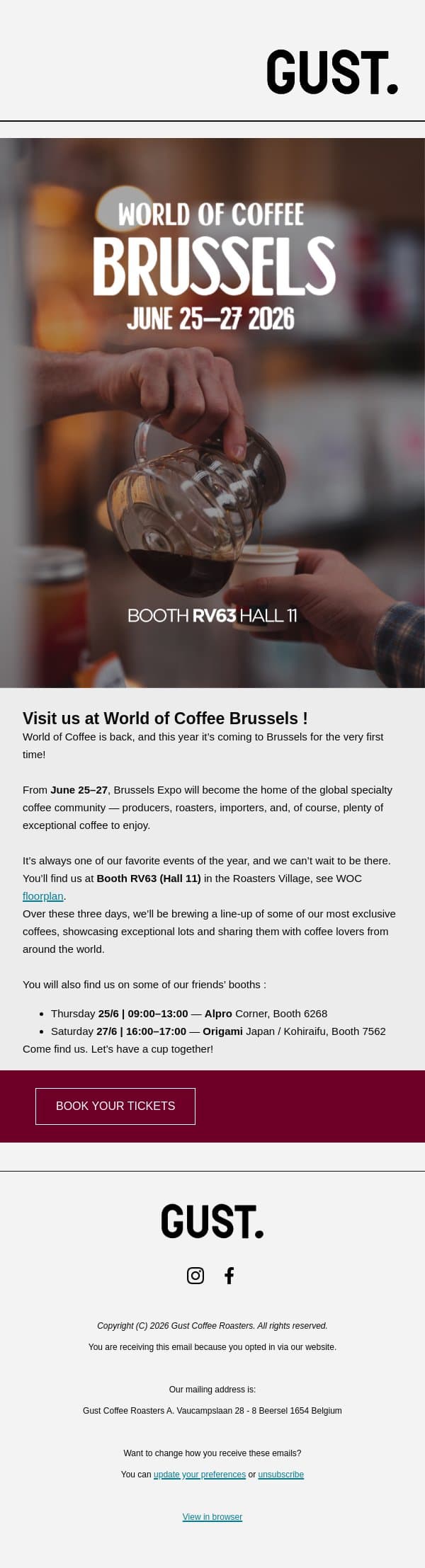 World of coffee Brussels - June 25-27 email from Gust Coffee Roasters screenshot
