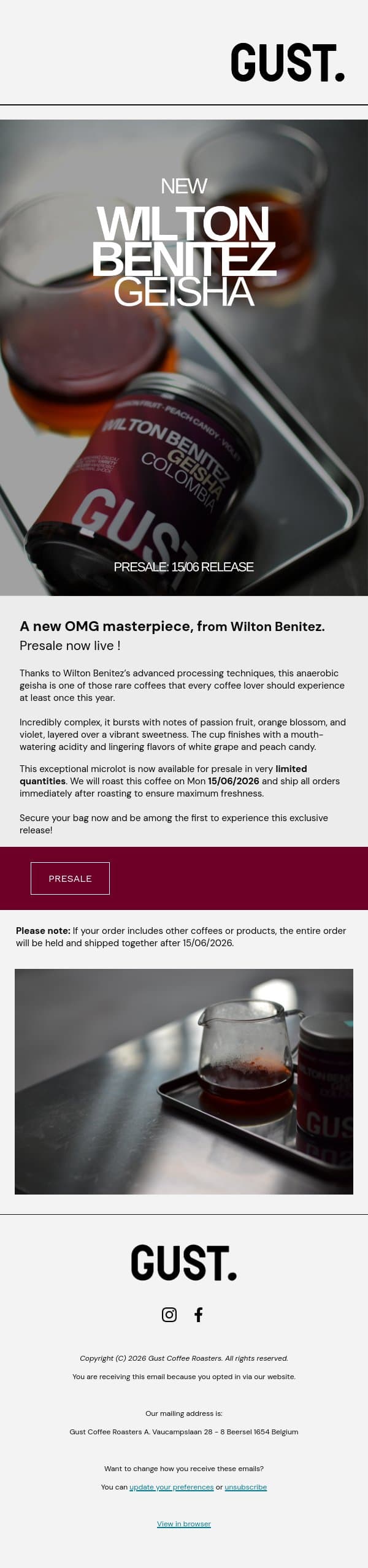 Wilton Benitez pre-sale now live: a new OMG masterpiece !✨ email from Gust Coffee Roasters screenshot