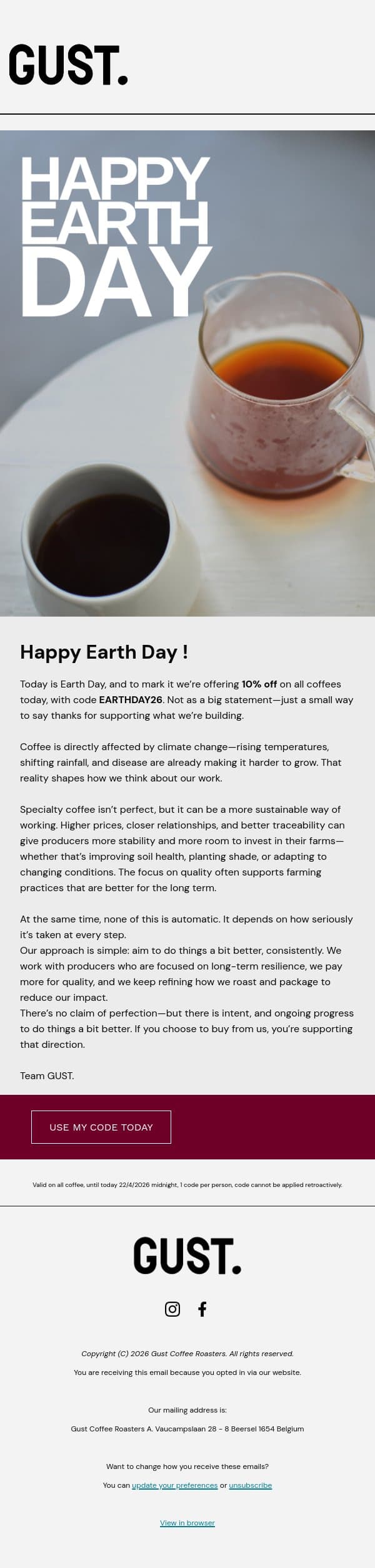 Happy Earth Day 🌎— doing things a bit better email from Gust Coffee Roasters screenshot