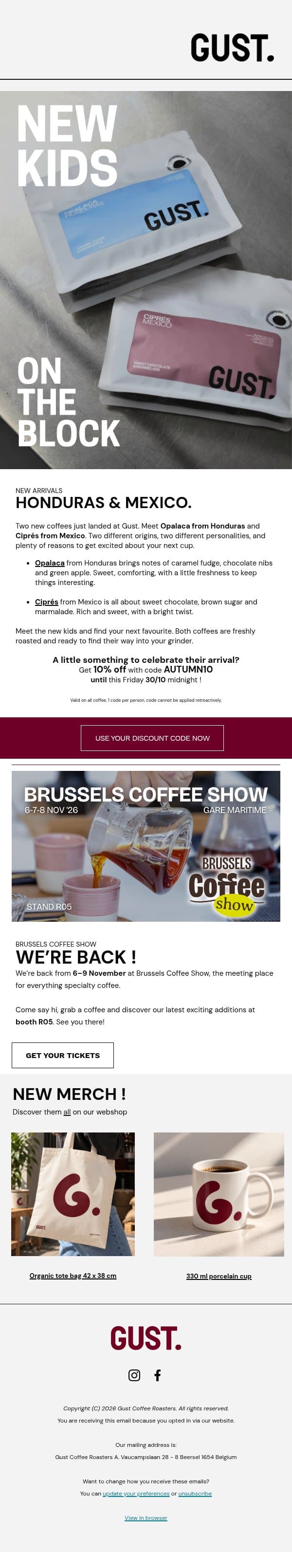 New kids on the block: Honduras & Mexico ! email from Gust Coffee Roasters screenshot