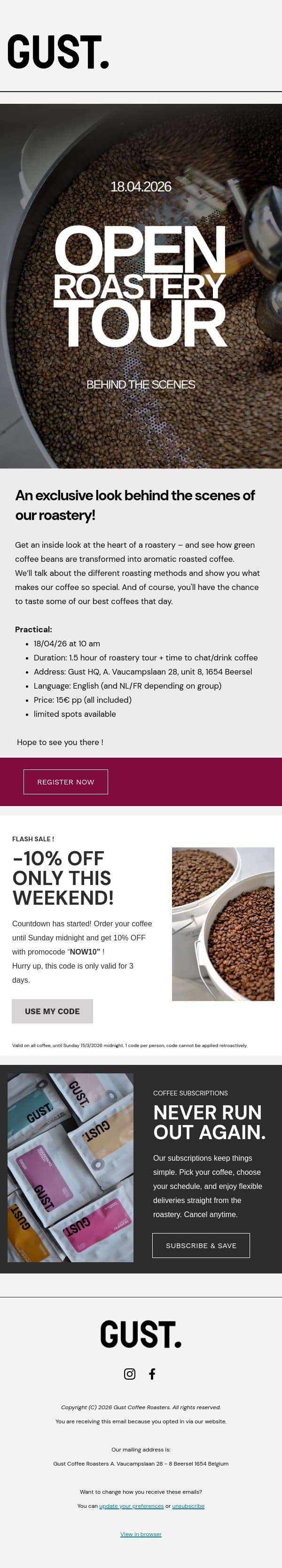 Open Roastery Tour on 18/04/2026! email from Gust Coffee Roasters screenshot