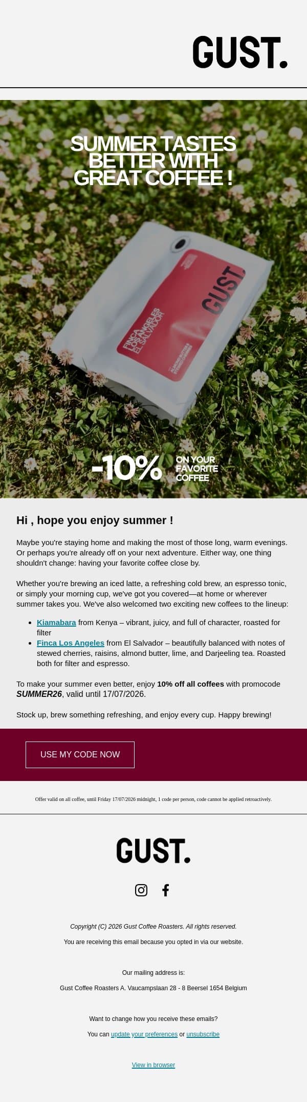 Summer tastes better with great coffee. email from Gust Coffee Roasters screenshot