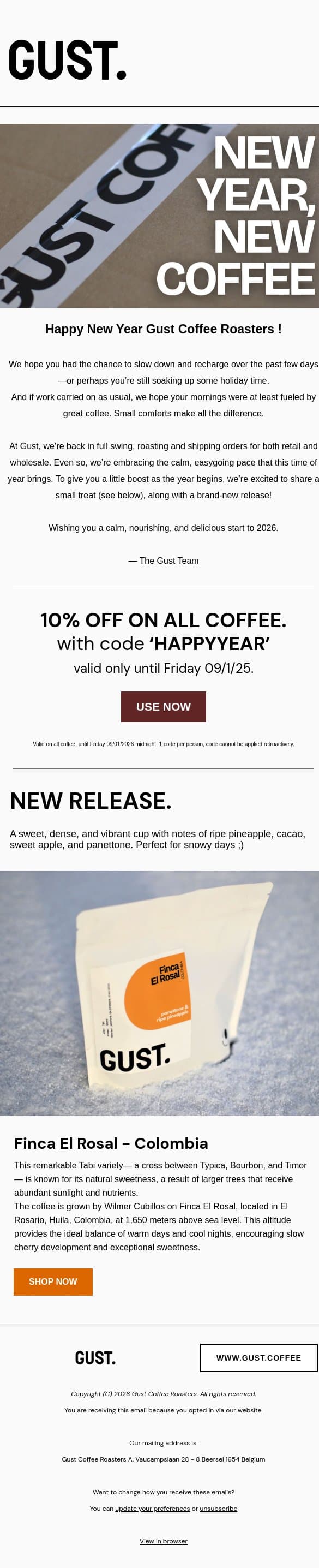 NEW YEAR, NEW COFFEE. email from Gust Coffee Roasters screenshot