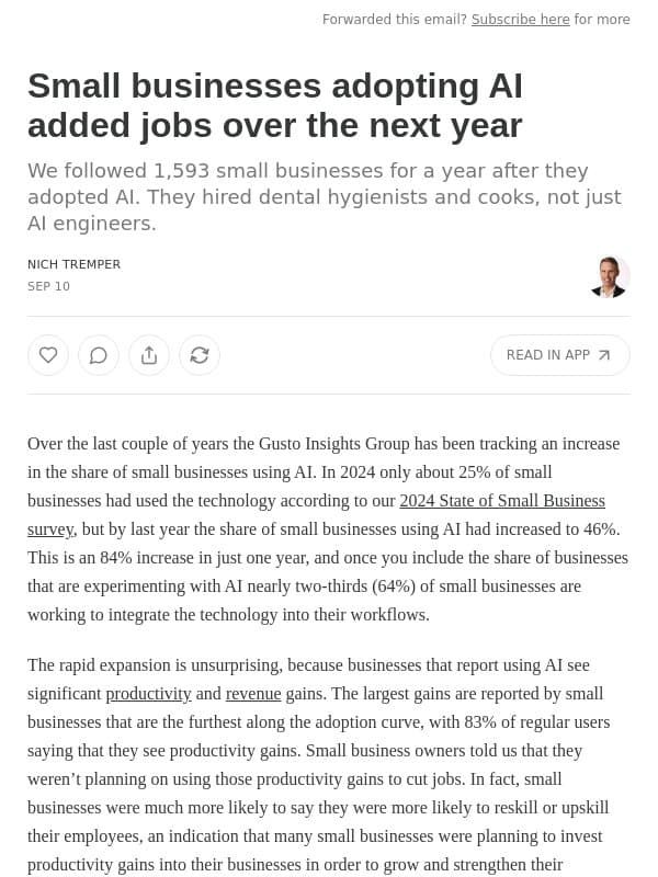 Small businesses adopting AI added jobs over the next year email from Gusto