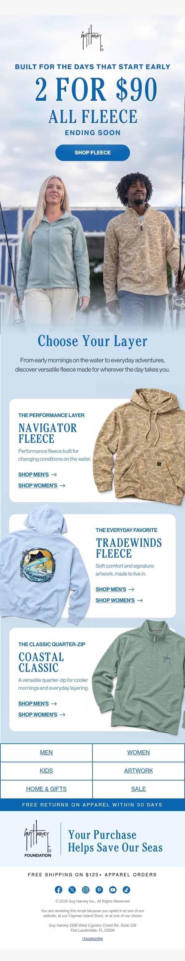 Ending Soon: 2 for $90 All Fleece email from Guy Harvey screenshot