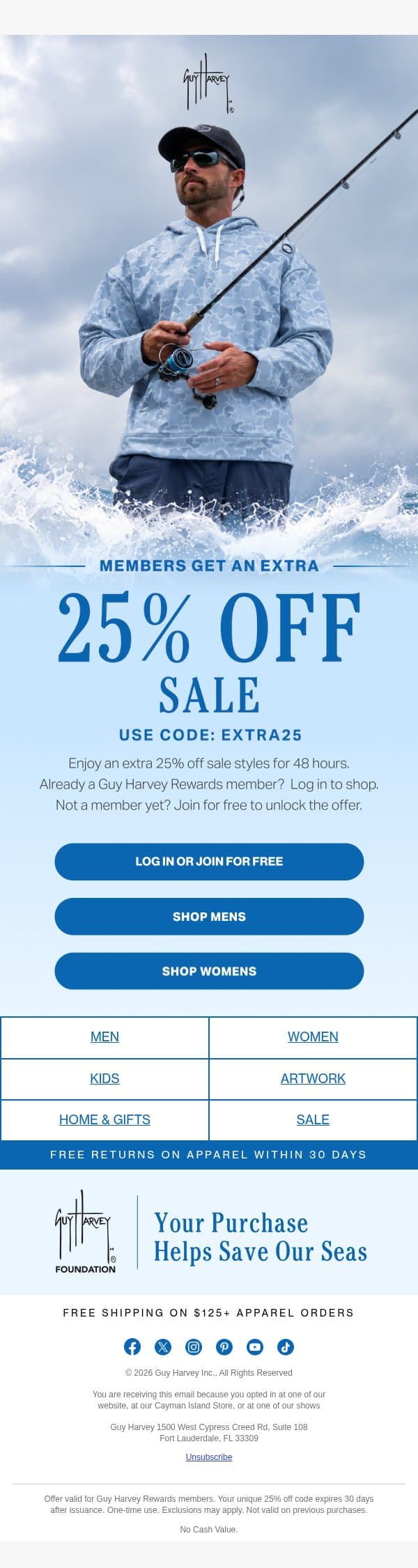Members Save More: Extra 25% Off Sale email from Guy Harvey screenshot