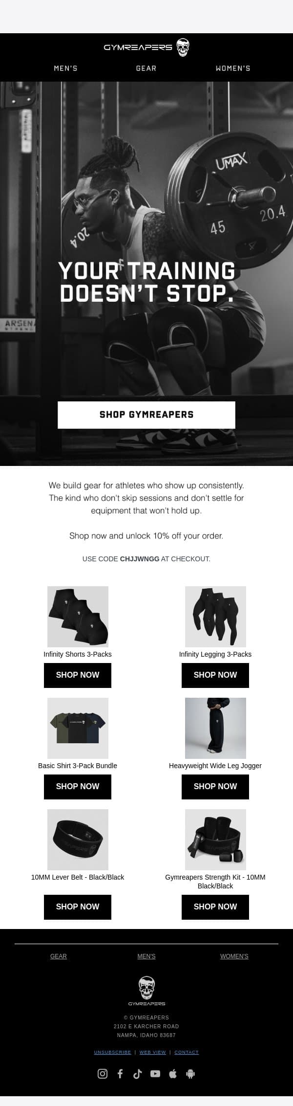 Upgrade Your Gear With 10% Off email from Gymreapers screenshot