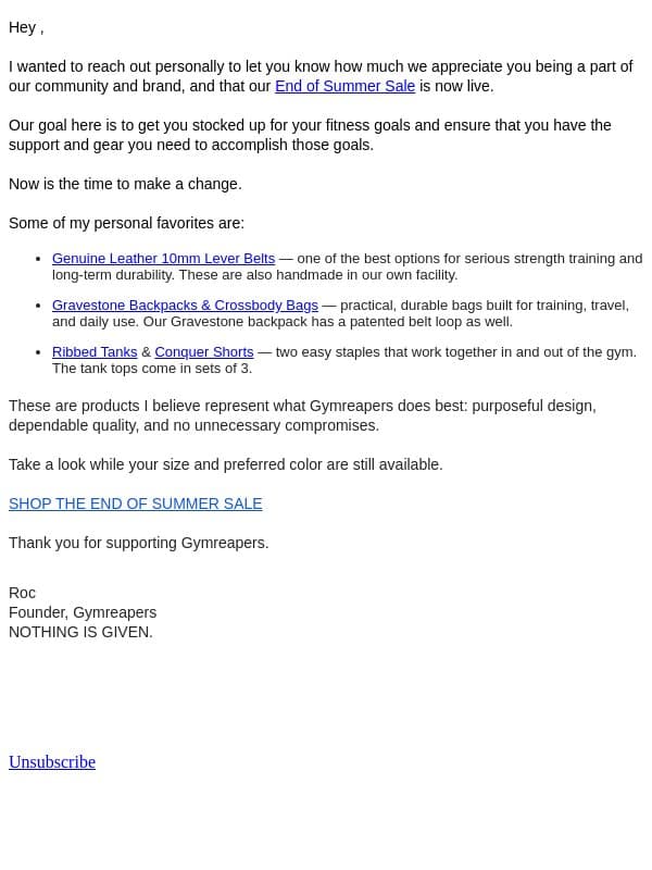 A Note From Our Founder email from Gymreapers