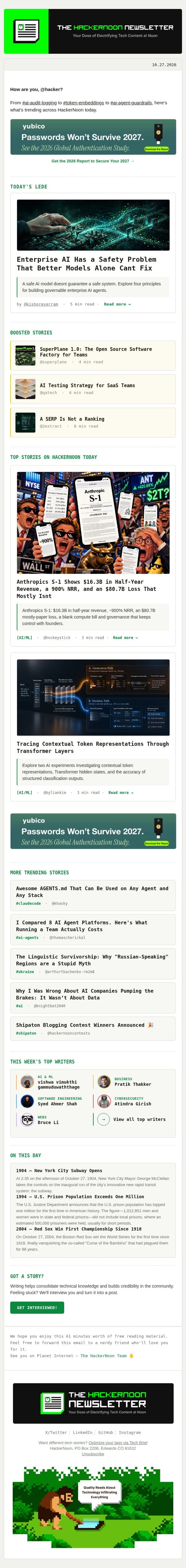Tracing Contextual Token Representations Through Transformer Layers email from Hackernoon screenshot