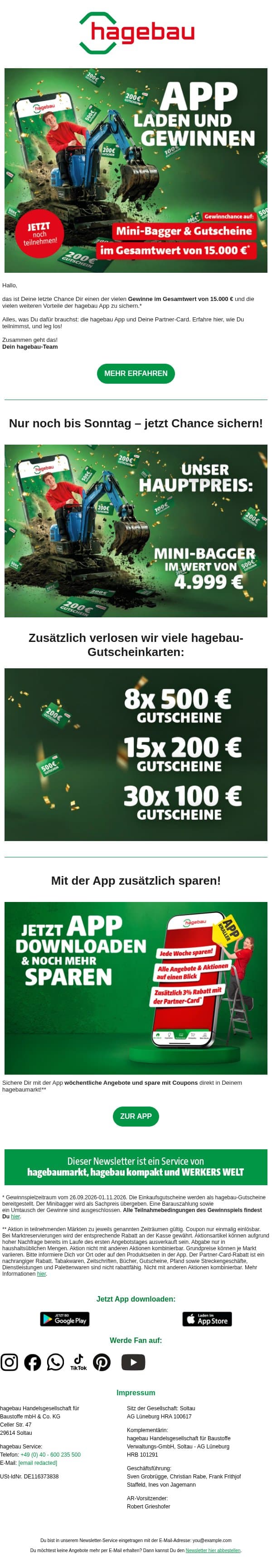 ⏰ Nur noch bis Sonntag: Jetzt Gewinnchance sichern! email from Hagebau screenshot