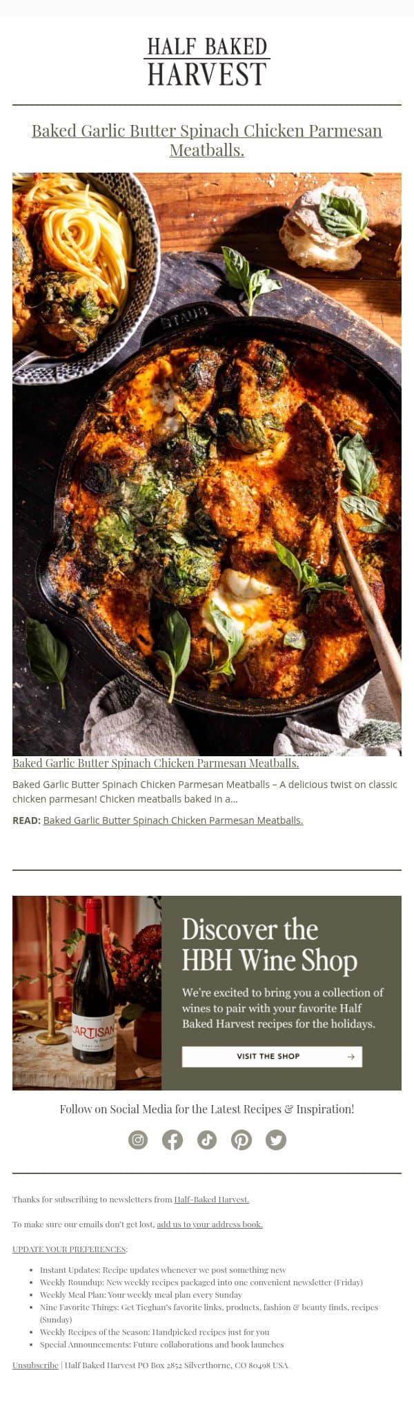 New Post: Baked Garlic Butter Spinach Chicken Parmesan Meatballs. email from Half Baked Harvest screenshot