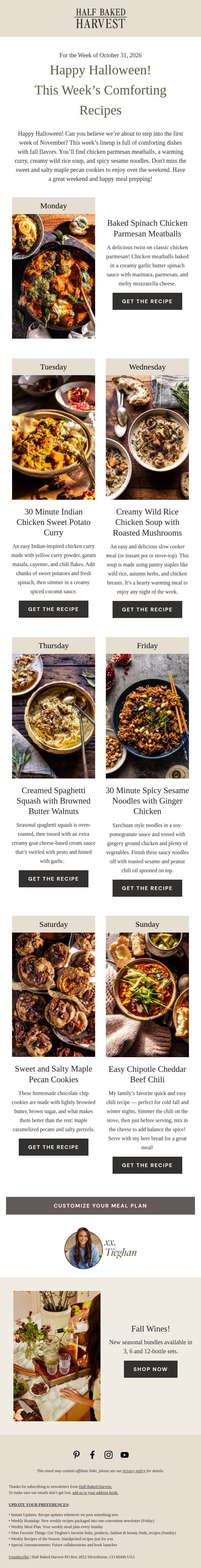 Happy Halloween! This Week's Meal Plan email from Half Baked Harvest screenshot