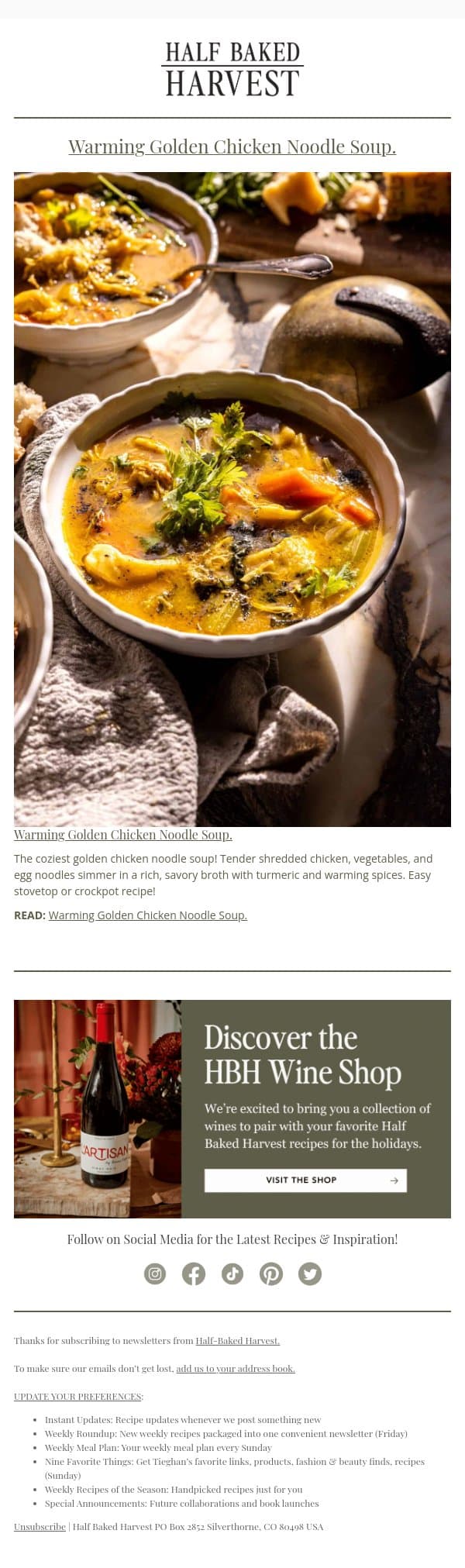 New Post: Warming Golden Chicken Noodle Soup. email from Half Baked Harvest screenshot