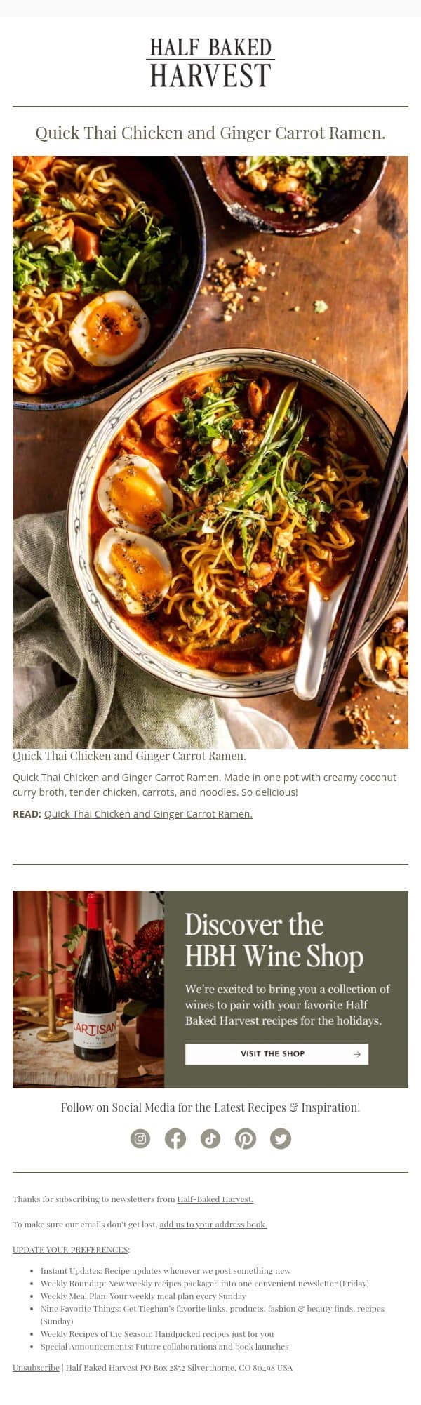 New Post: Quick Thai Chicken and Ginger Carrot Ramen. email from Half Baked Harvest screenshot
