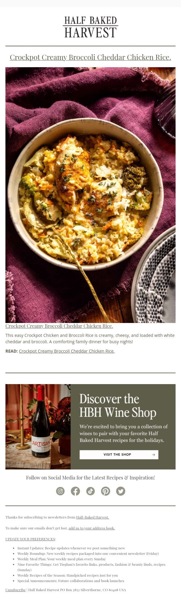 New Post: Crockpot Creamy Broccoli Cheddar Chicken Rice. email from Half Baked Harvest screenshot