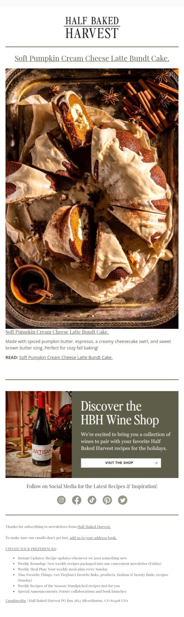 New Post: Soft Pumpkin Cream Cheese Latte Bundt Cake. email from Half Baked Harvest screenshot