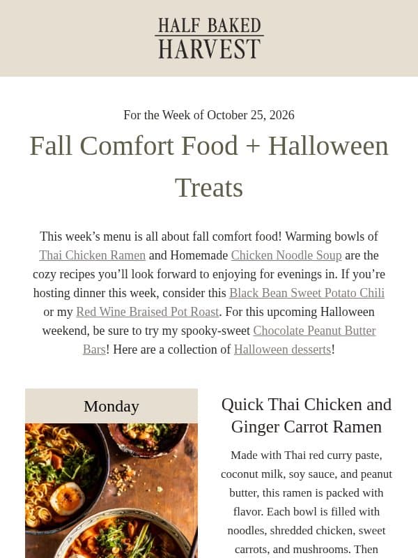 Fall Comfort Food and Halloween Treats email from Half Baked Harvest