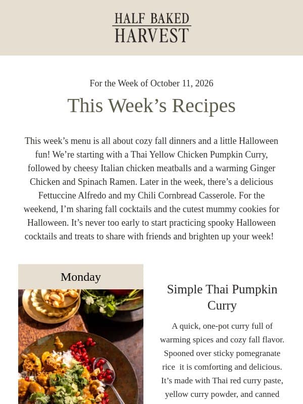 Cozy Meals & Halloween Treats email from Half Baked Harvest