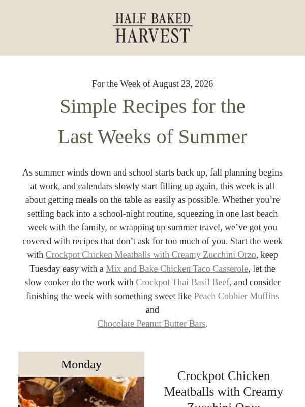 Recipes for a week back to routine! email from Half Baked Harvest