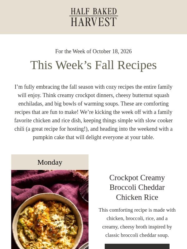 Seven Cozy Fall Recipes to Make This Week! email from Half Baked Harvest