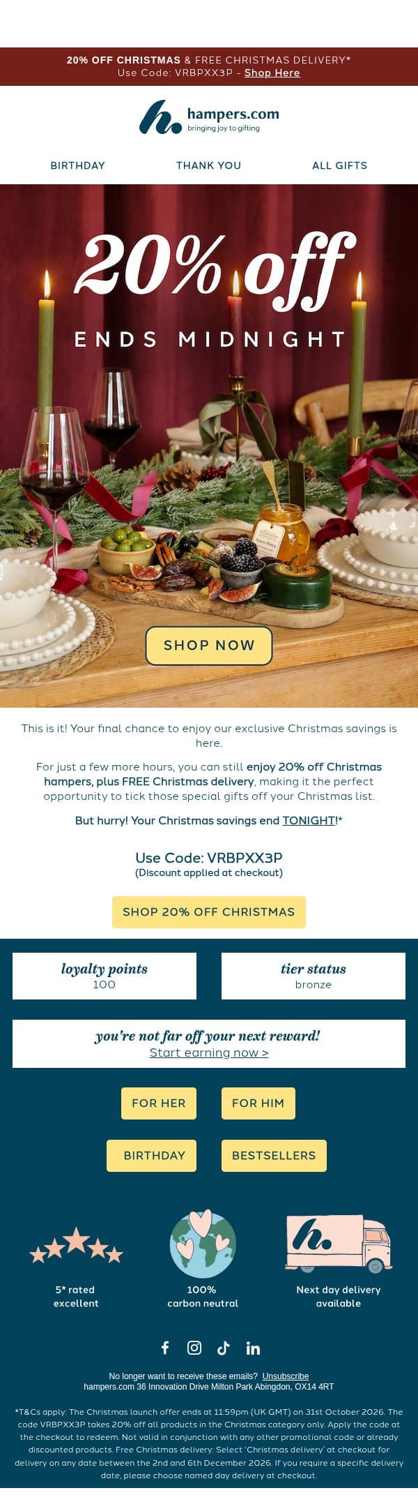 FINAL HOURS! Your 20% Christmas Offer Ends Tonight π email from Hampers.com screenshot