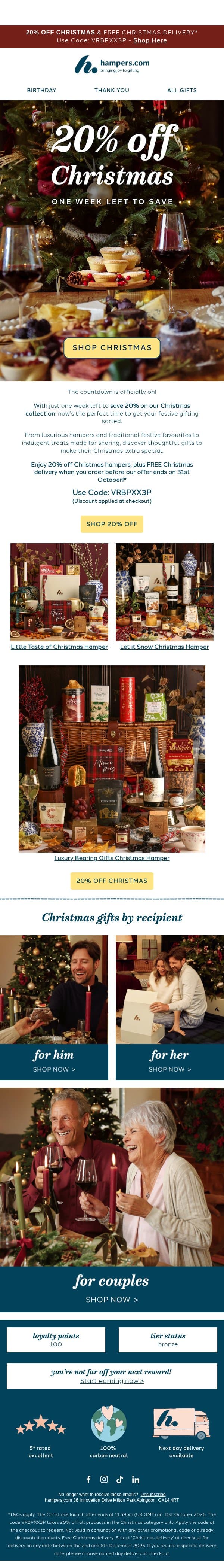 Shop Early and Save 20% 🎄 email from Hampers.com screenshot